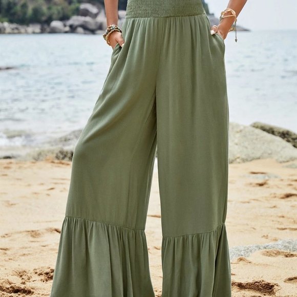 Green Boho Womens Wide Leg Ruffle Hem Pants - Picture 2 of 5
